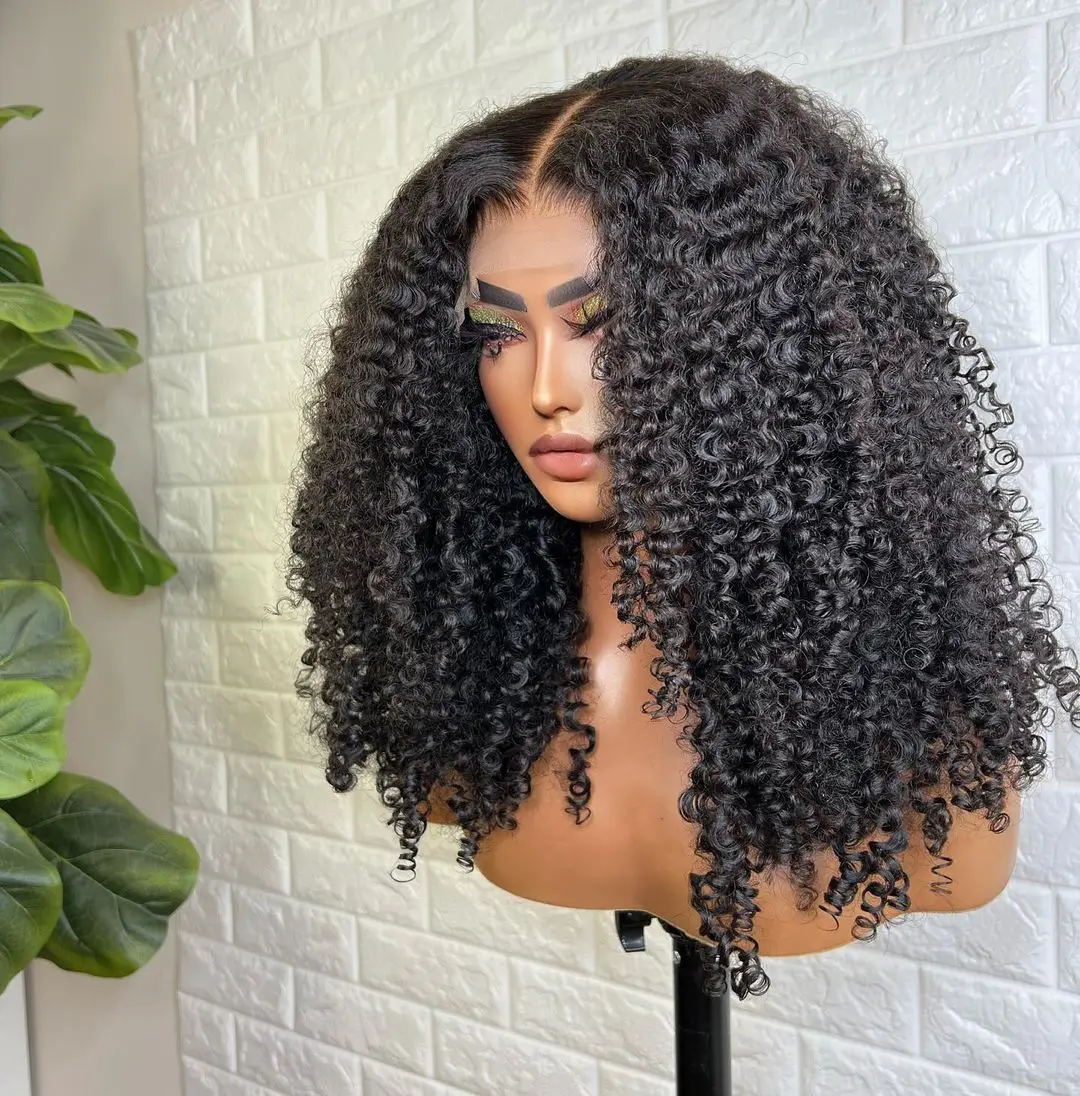 Afro Kinky Curly perucas sintéticas do cabelo para mulheres, preto natural, glueless Jerry Curly, longo, transparente Lace Front perucas, 4B, 4C, 13x4