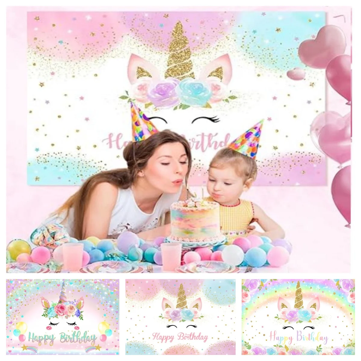 

Фон для фотосессии на день рождения девочки с единорогом, радугой, блестками, звездами, точками и облаками, баннер «С Днем Рождения»