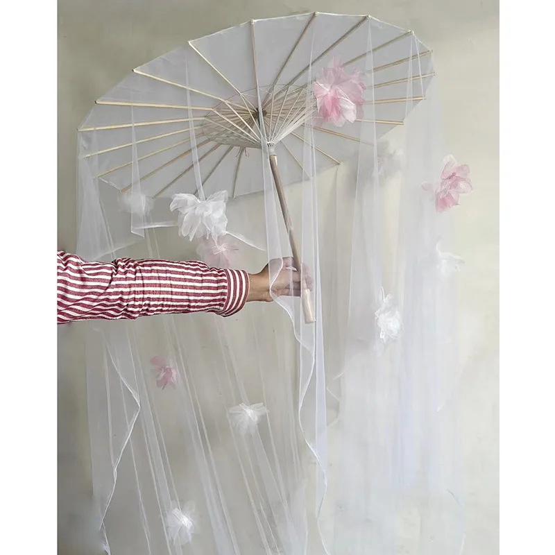 Chinese  Cinema Wedding Photography Props White Gauze Sticky Flowers Oil Paper Umbrellas Dance Shows Parasol Decorative Umbrella