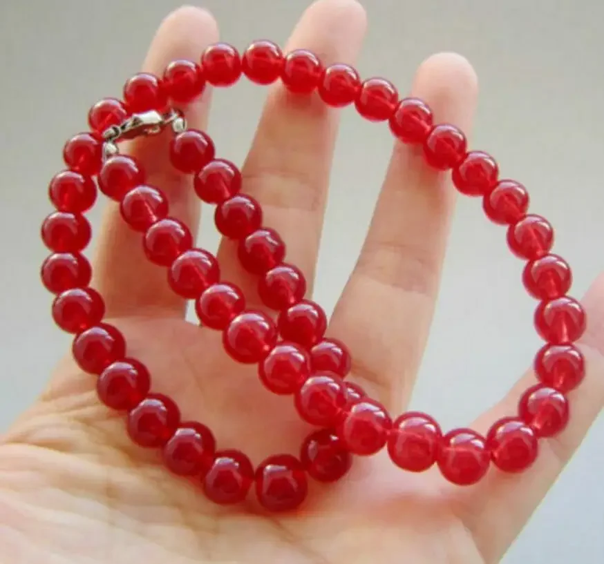 

Fine jewelry PRETTY 8MM SMOOTH RED JADE GEMSTONE ROUND BEADS NECKLACE 18"AAA