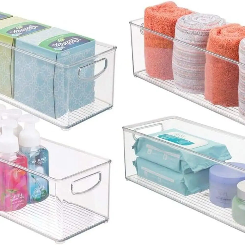 Organizer Kamar Mandi Plastik 4-Pak dengan Pegangan untuk Perlengkapan Mandi, Riasan, dan Perawatan Kulit