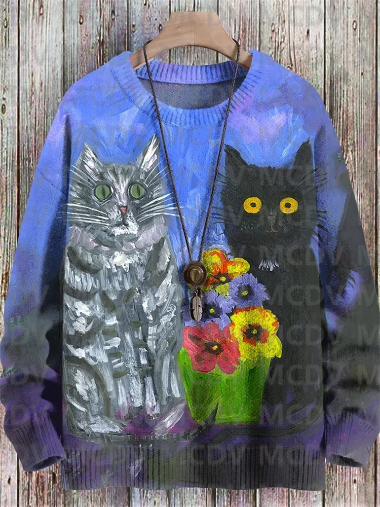 Cat Floral Art Print Pullover Knitted Sweater Printed Sweater Men's For Women's Pullover