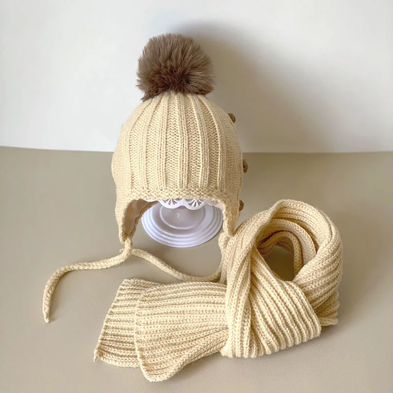 2Pcs Winter Baby Hat Scarf Gloves Set Solid Color Toddler Bonnet Cute Pompom Knitted Hats Outdoor Warm Infant Accessories 1-5Y