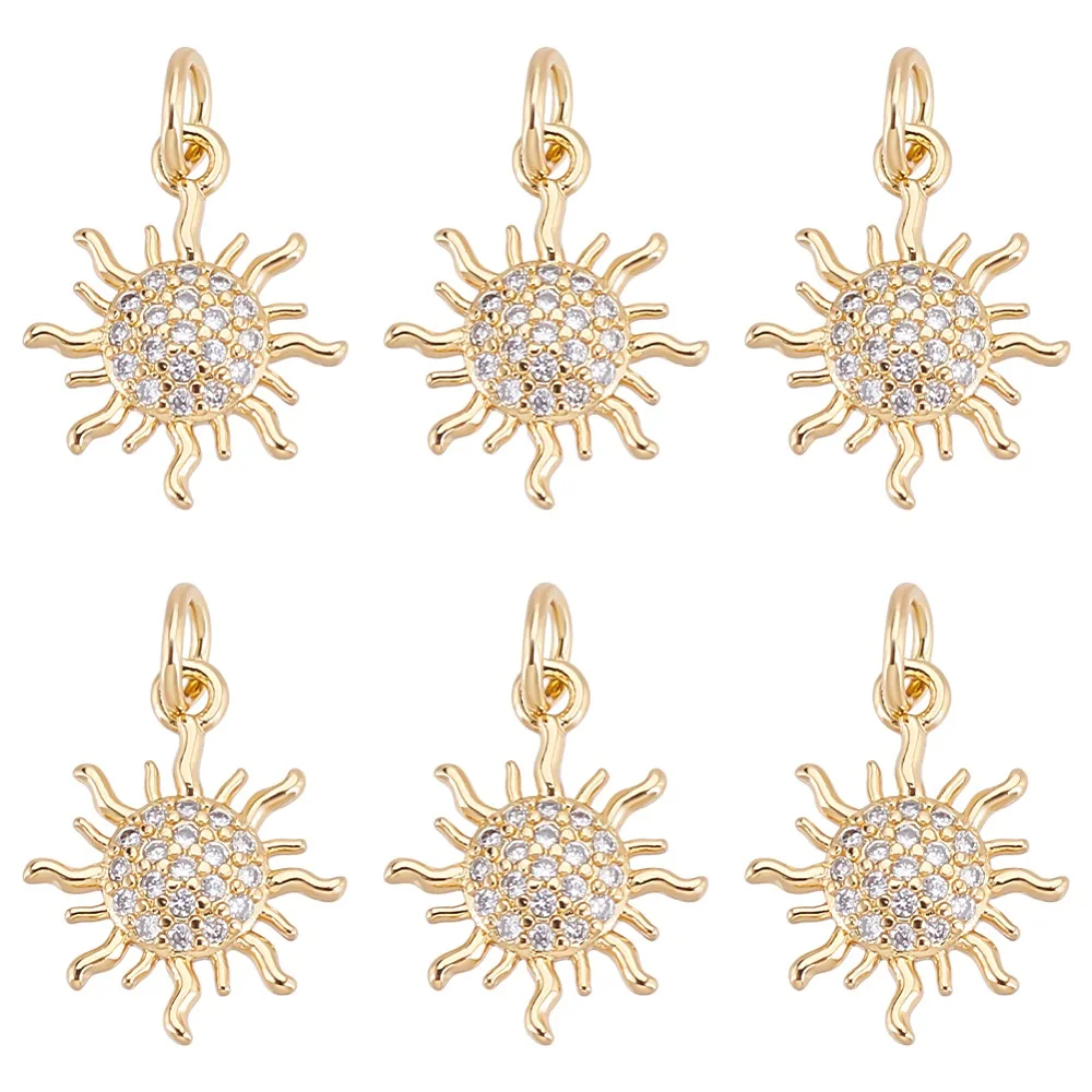 1set 6pcs Brass Micro Pave Cubic Zirconia Pendants with Jump Ring Long-Lasting  Sun     15x12x2mm Hole: 3.5mm
