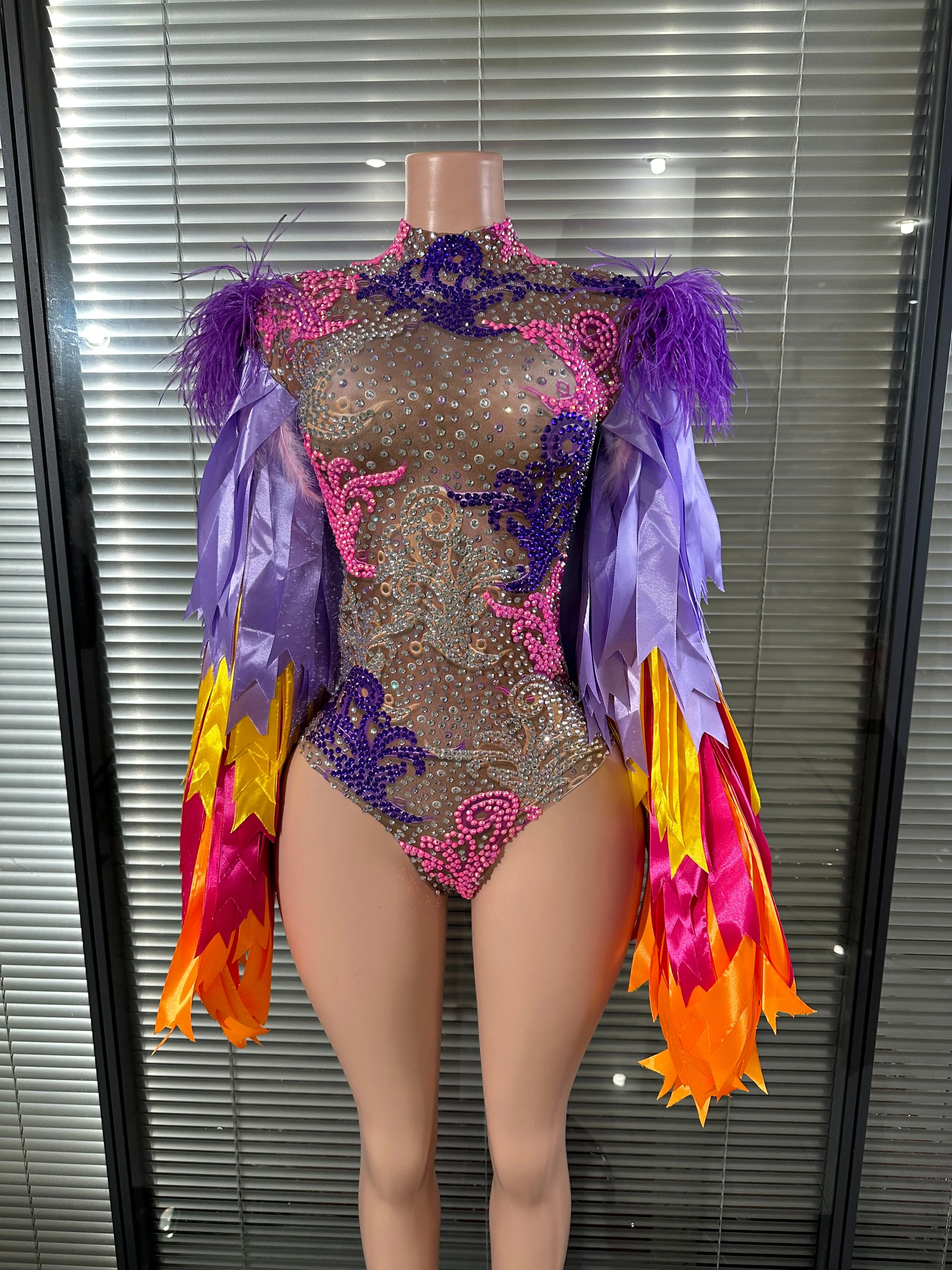 

Glamorous Rainbow Ribbon Bodysuit Women Sexy Sheer Mesh Crystal Outfit Carnival Music Festival Stage Performance Wear
