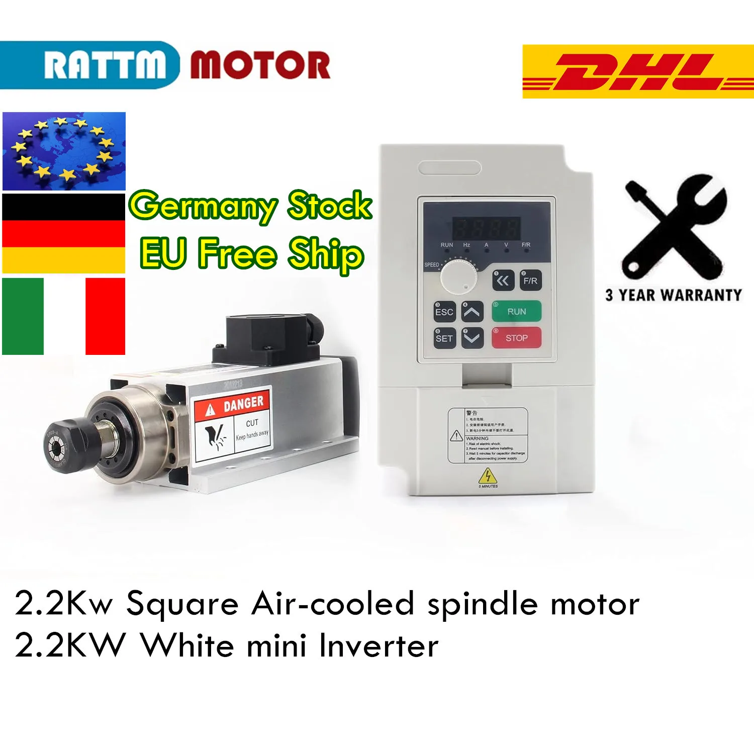 〖EU Stock〗CNC 2.2kw ER20 Square Type Air Cooled Spindle Motor 4 Ball Bearings 0.01mm Accuracy & 2.2KW Inverter 1000Hz 220V