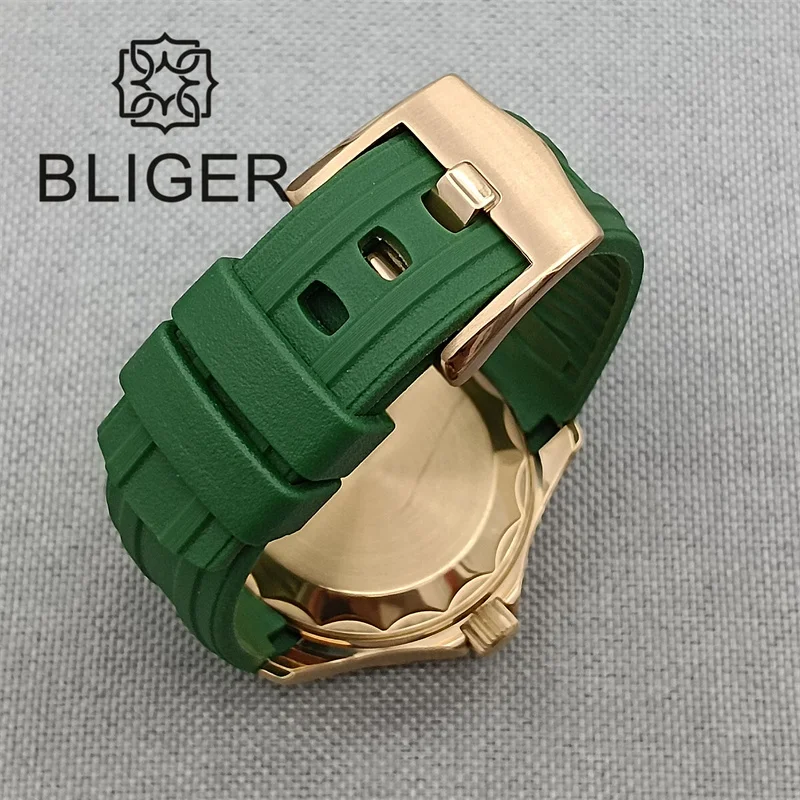 BLIGER Luxury 41mm Men Watch Rose gold Case Ceramic Sapphire Glass Green Dial Green Date At 6 o\'clock NH35 Movement Rubber Strap