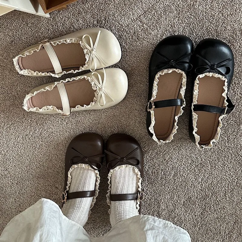 

Women's Flat Shoes Vintage Round Toe Elegant Bow Lace Ruffled Ballet Shallow Flats Fashion Comfortable Soft Mary Jane Shoes