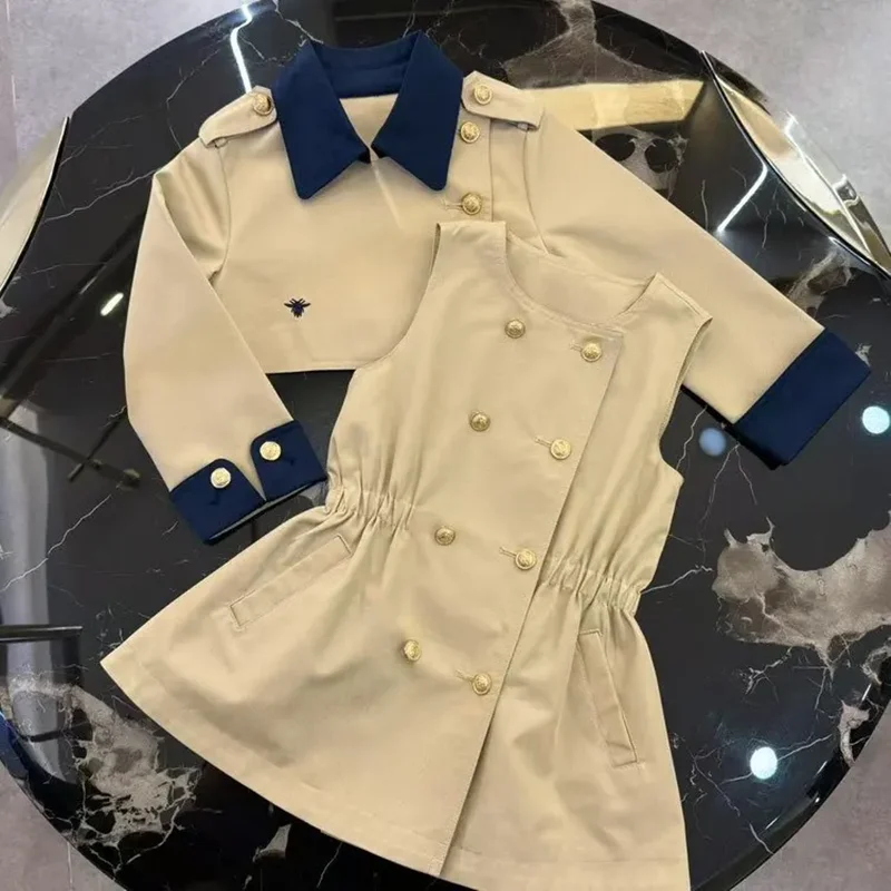

Kids Girls Trench Coat Spring Autumn Children's Windbreaker Jacket Vest Two-Piece Set New Dress Collection