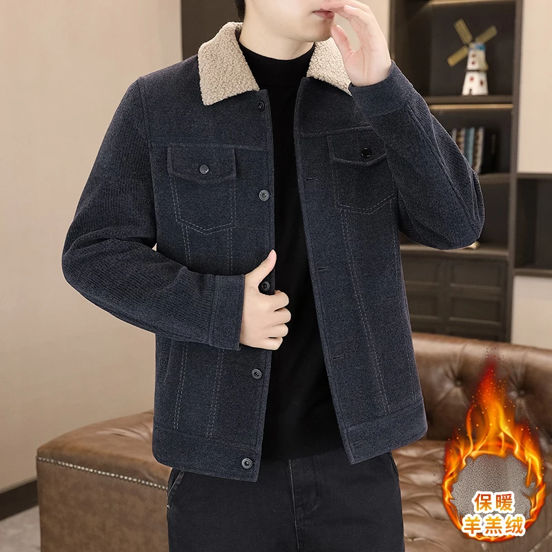 Мужская деловая стильная и классная утолщенная куртка из овечьей кожи с лацканами из синели и подкладкой из овечьей кожи для тепла