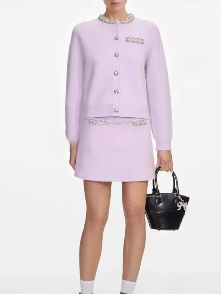 

High-End Version Grey Knitted Cardigan Women's Heavy Embellished round Neck Open-Shirt Fashionable Top Quality Craftsmanship