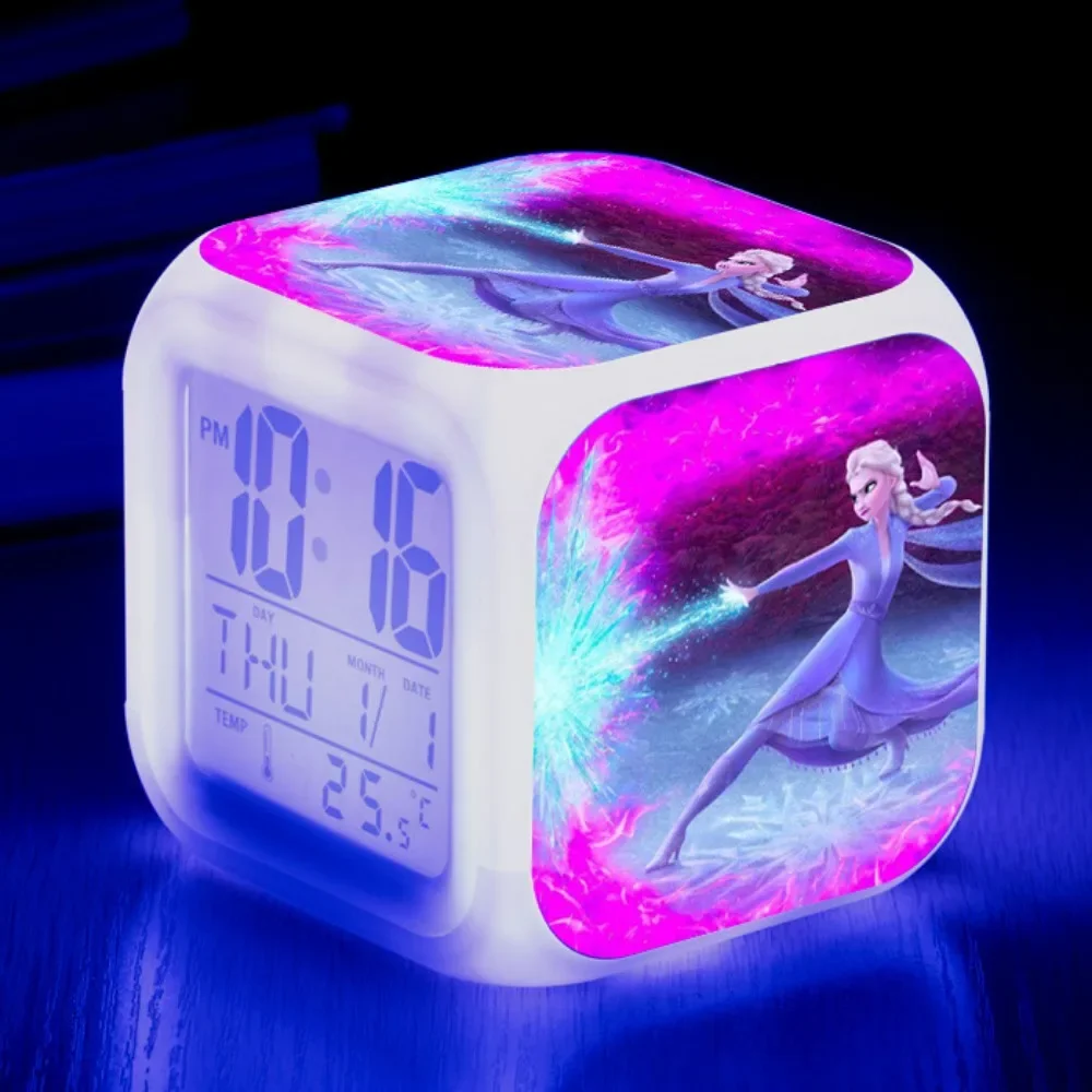 Frozen 2 Cartoon Alarm Clock Colorful Color Changing Square LED Alarm Clock Anime Figures Anna Elsa Creative Digital Alarm Clock