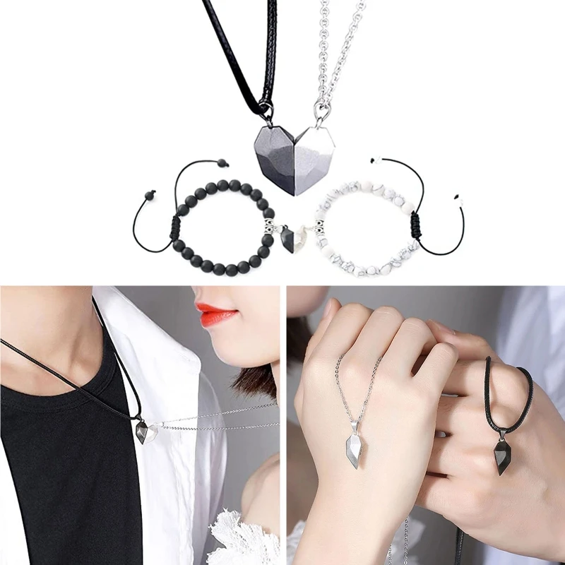 4Pcs Love Magnet Matching Bracelets Necklace Set for Soul Mate Bracelet Gift for Couple Girlfriend Boyfriend