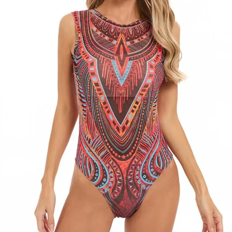 Casual Sleeveless One Piece Swimsuit Women Vintage Printing Mesh O Neck Bathing Suit Bikini Summer 2025 New Sexy Lady Beachwear