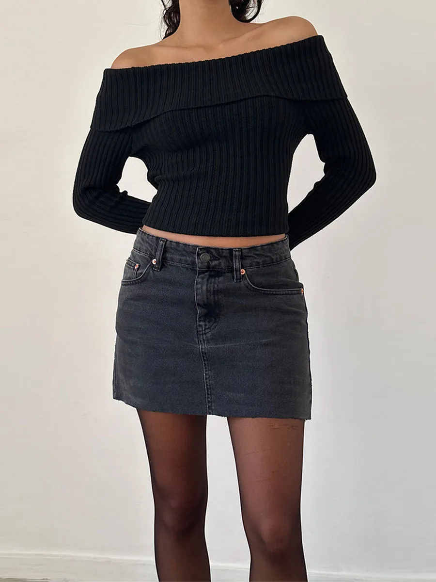 

Women Slim Knit Sweater Crop Tops Solid Color Boat Neck Long Sleeve Pullovers Fall Winter Off Shoulder Jumpers Streetwear