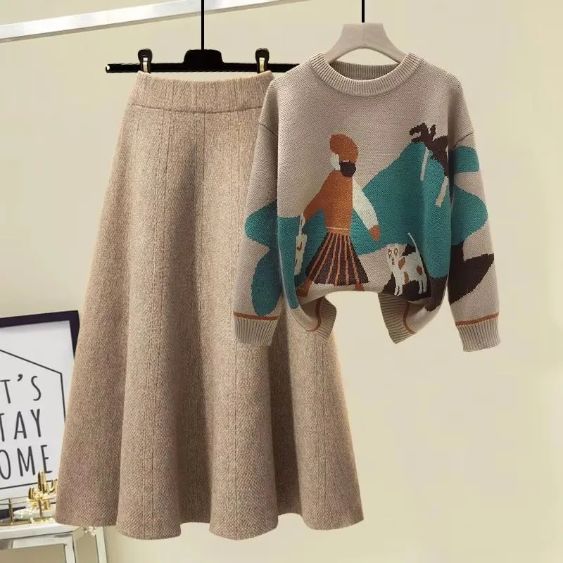 Autumn and Winter Cartoon Printed Knitted Sweater Pullover Knitted Half Skirt Two-piece Set Fashionable Women\'s Skirt Set