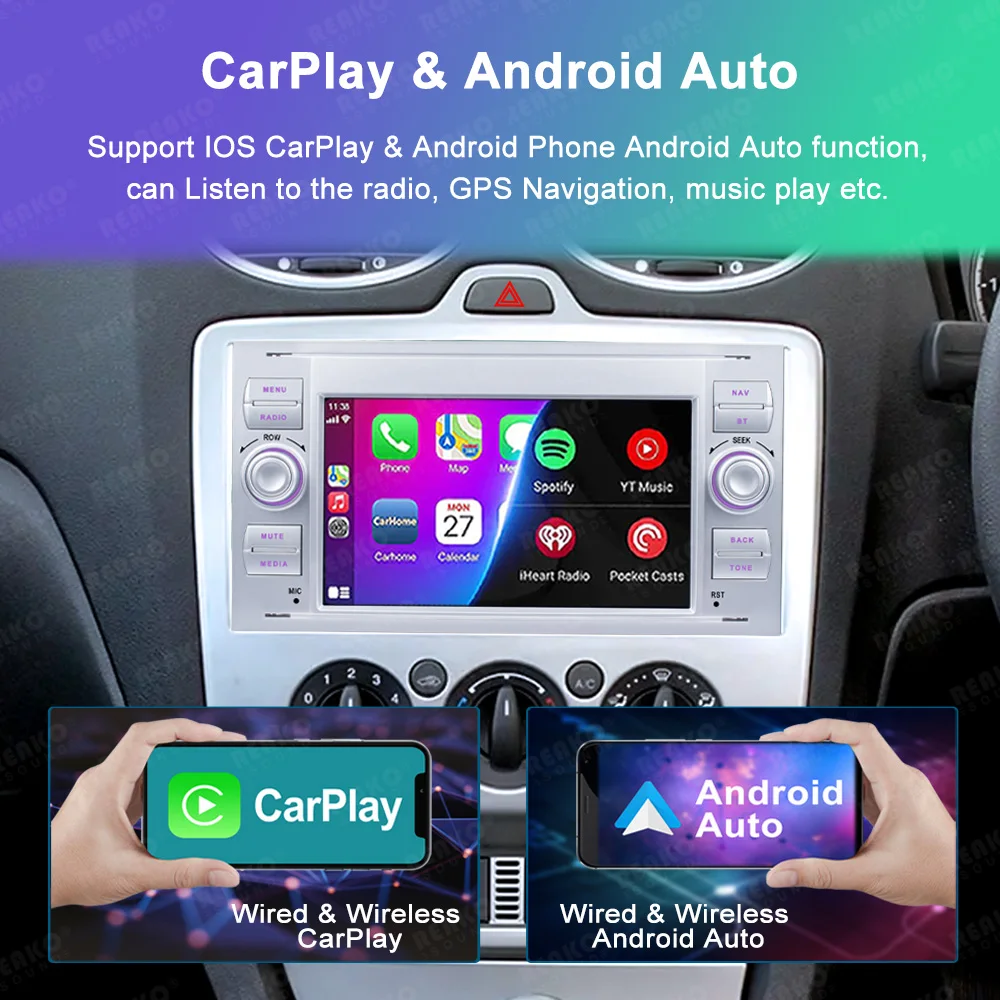 Car Radio for Ford 7 Inch 2 Din Wireless Carplay Multimedia Player Touch Screen FM ISO Power Aux Input Bluetooth USB Mirror Link