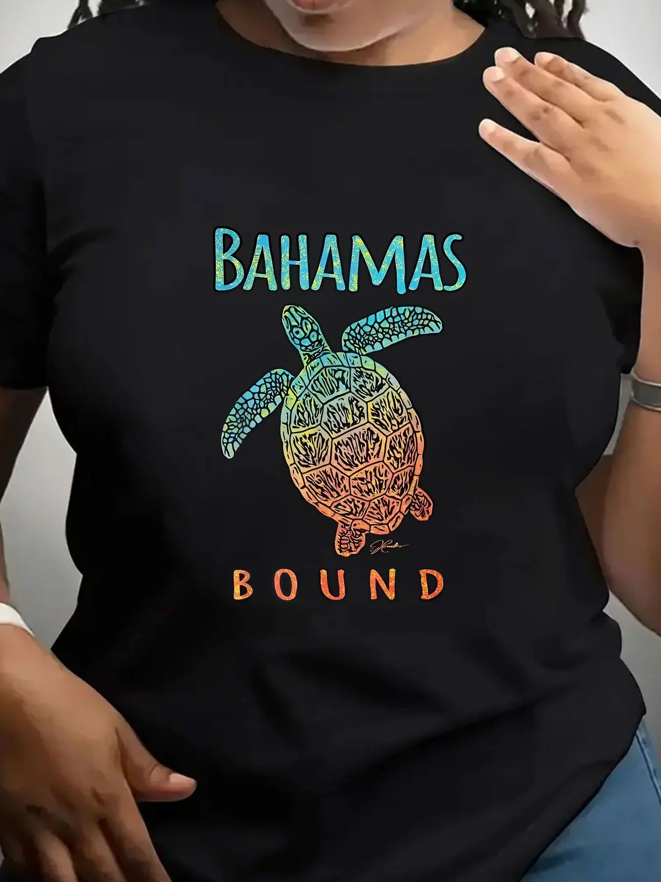 Women's Trendy Crew Neck T-Shirt Bahamas Bound Sea Turtle Design Suitable for Casual Sportswear