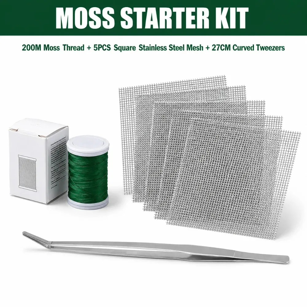 Aquarium Moss Thread 200M with Stainless Steel Mesh Pad Kit Aquascape Plant Fixing Net for Java Moss Christmas Moss