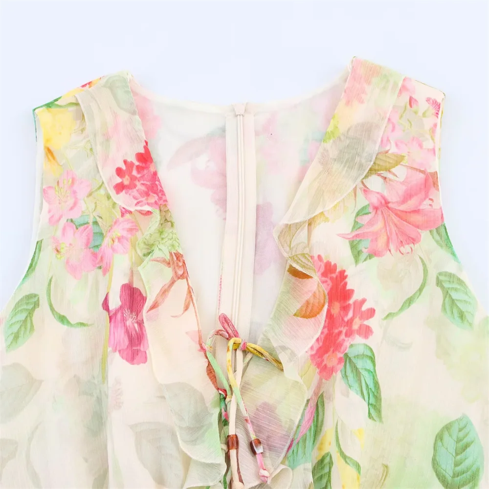 BM&MD&ZA2025vestido decorativo em camadas com decote em V, sem mangas, estampa de flores, design sem cintura, saia linha A, verão, novas roupas femininas