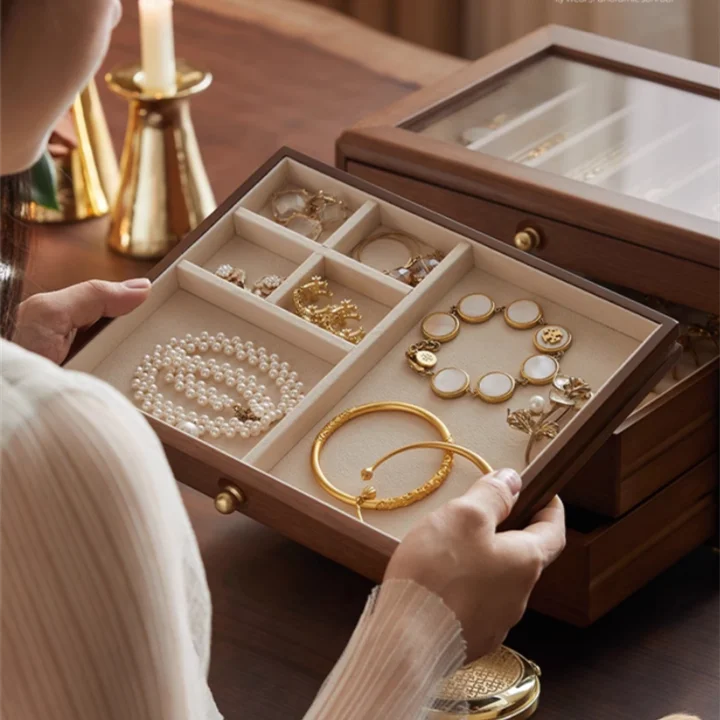 Premium Solid Wood Jewelry Organizer-Large Capacity Multi-Layer Storage Box for Earrings, Necklaces & More | Anti-Tarnish Finish