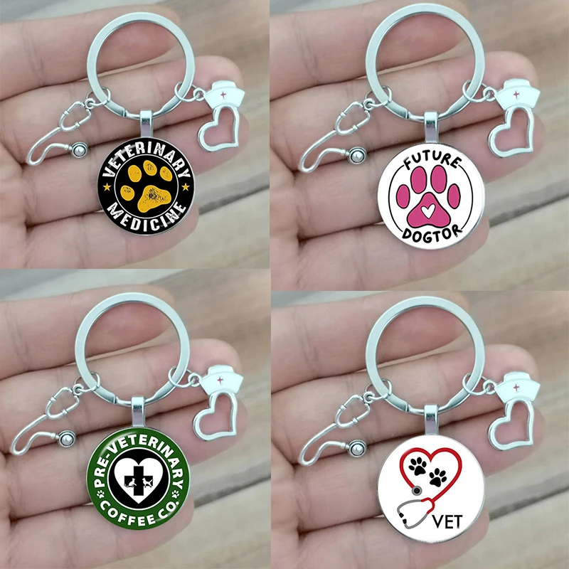 I Love Veterinary Medicine Nurse Keychain Animal Doctor Keyring Glass Dome Cabochon Pendant Men And Women Fashion Charm Jewelry