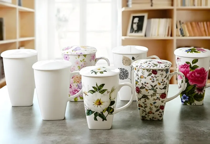 700ML, real bone china tumblers with lid, taza cafe funny mug, cute big coffee cups floral painint, ceramic cup perfect gift