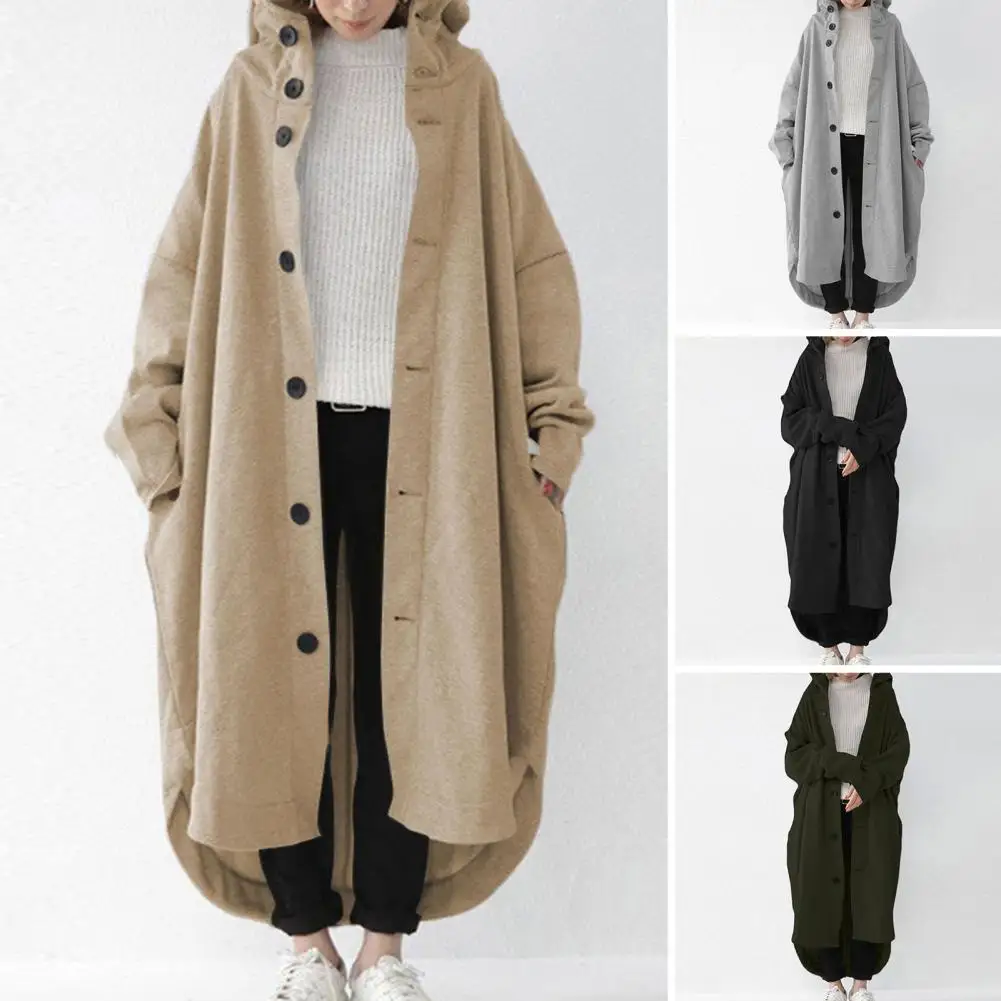 

Women Coat Stylish Women's Hooded Winter Trench Coat with Irregular Hem Thick Pockets Long Sleeves Ankle Length for Outdoor