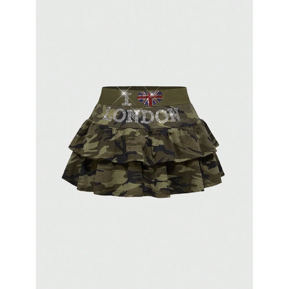 Fashionable Spicy Girl Letter Flag Rhinestone High-Waisted Short Skirt Retro Camouflage Sweet Cool Double-Layer Pleated Skirt