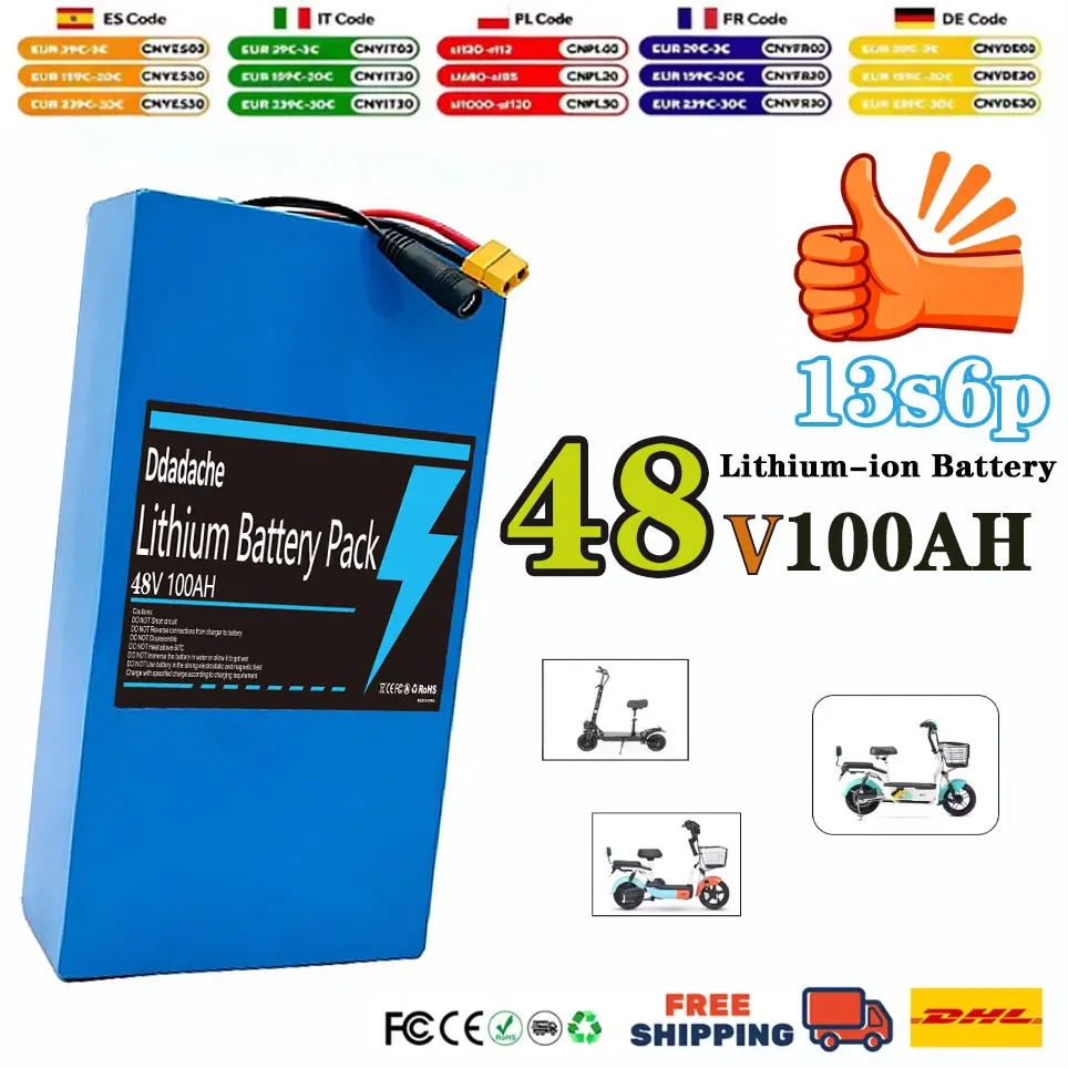 Batterie li-ion 13S6P 48V 100Ah 2000W 18650 flambant neuve, adaptée aux vélos 54.6V + prise BMS intégrée en option
