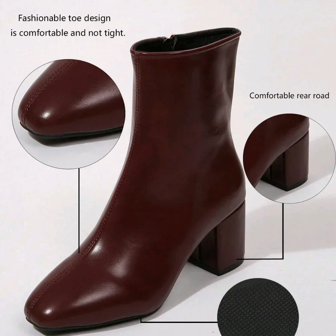 Damen-Stiefeletten für den Winter mit seitlichem Reißverschluss, dehnbarem mittlerem Absatz, großer Größe, kurzer Stiefelette, modische spitze Schuhe, Botas De Mujer – Detail 2