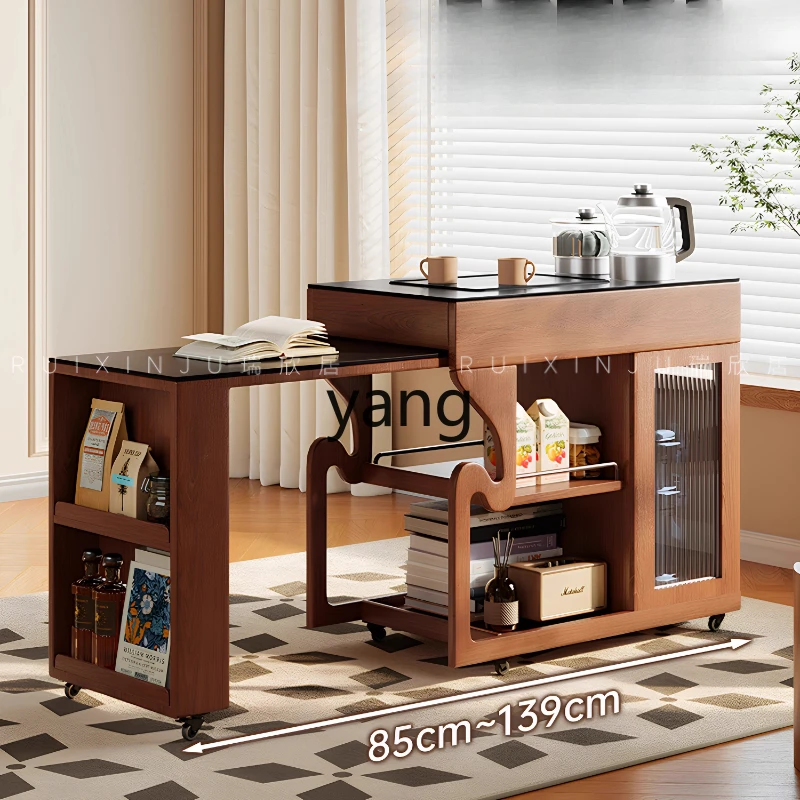

TGF balcony tea table household new Chinese solid wood tea table retractable movable tea cart rock slab
