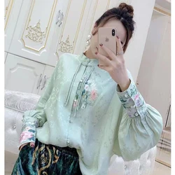 2022 New Loose China Style Retro Tops Chinese Traditional Women Clothing Shirts Tang Suit Hanfu Ethnic Embroidery White T-shirt