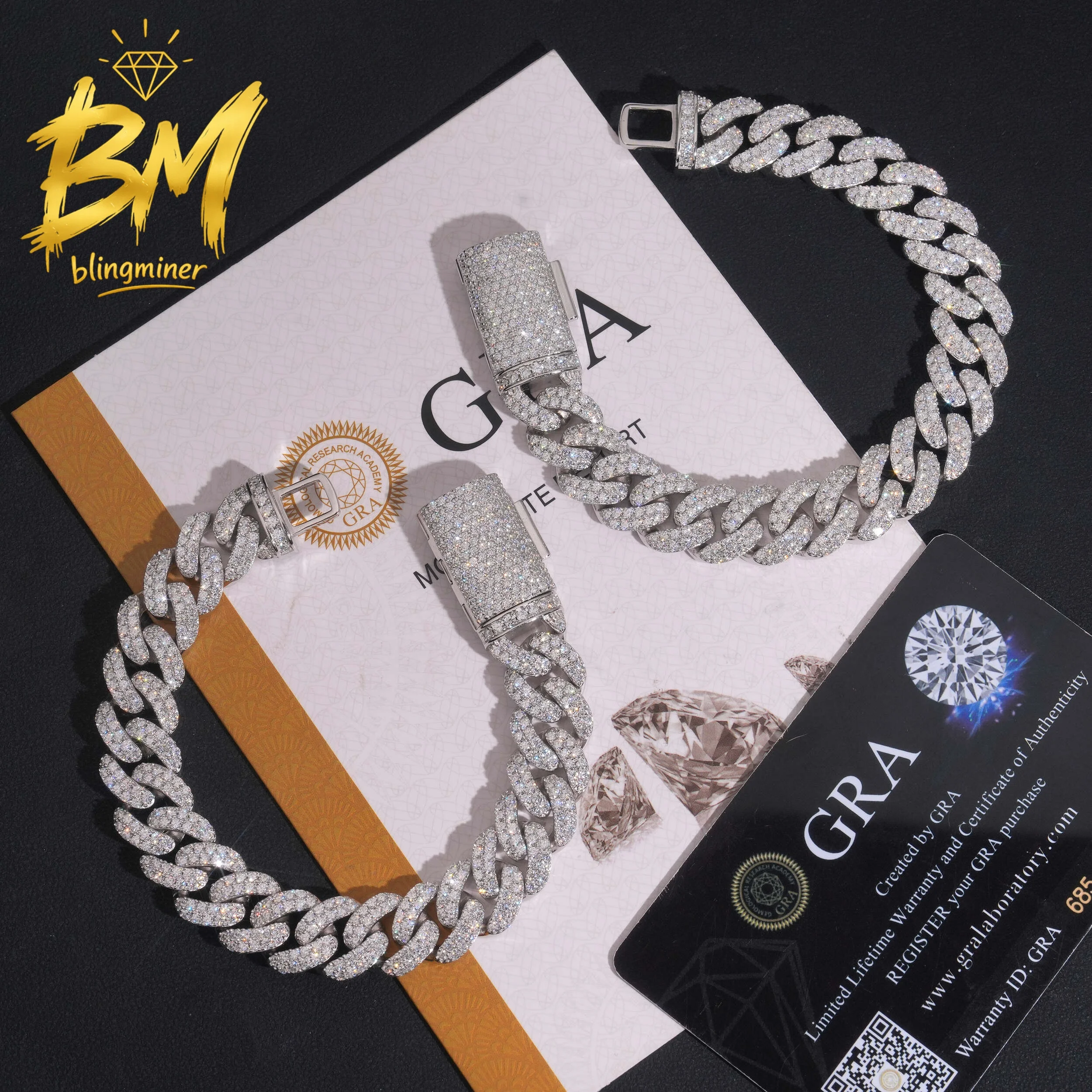 Blingminer S925 Silver Two Row 13MM VVS Moissanite Cuban Link Chain Iced Out Necklaces For Men Jewelry Pass Diamonds Tester GRA