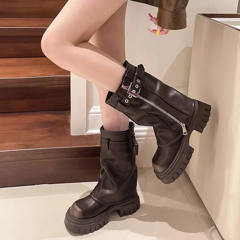 Winter New Women\'s High Boots Side Zippers Long Pipe Botas Ladies Elegant Platform Buckle Strap Shoes Thick Bottom Knigh Booties