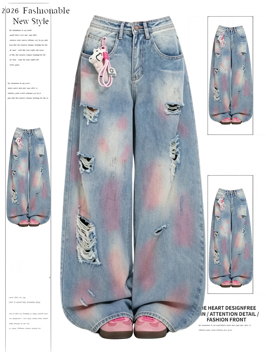 

American Ins Style Gradient Color Spray Wide Leg Jeans Women Summer New Straight Lazy Long Pants High Waist Denim Casual Blue