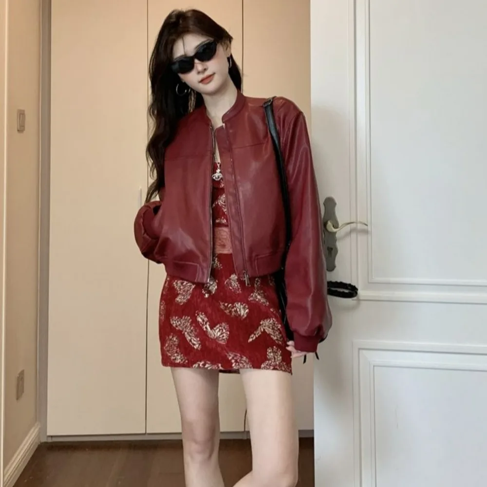 Vroege herfst Amerikaanse Sle ort rood leer Jaet dames high-end gevoel 2024 nieuwe kleine maat Jaet ritssluiting lange Sve