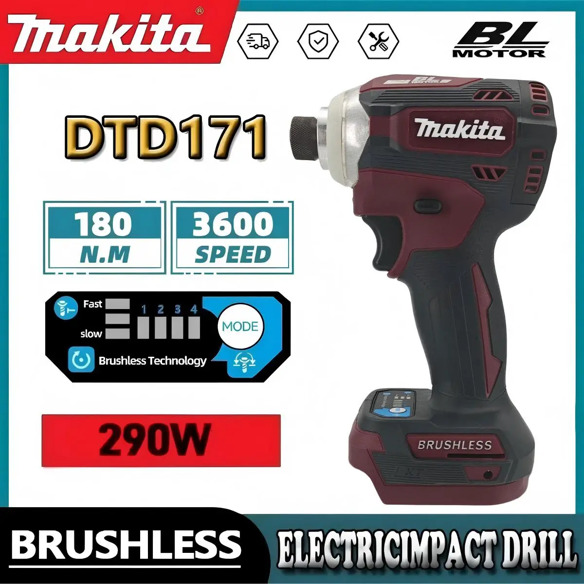 

Бесщеточный аккумуляторный ударный шуруповерт Makita DTD171 18В с LED-подсветкой, перезаряжаемая дрель-шуруповерт, без аккумулятора и зарядного устройства, электроинструмент