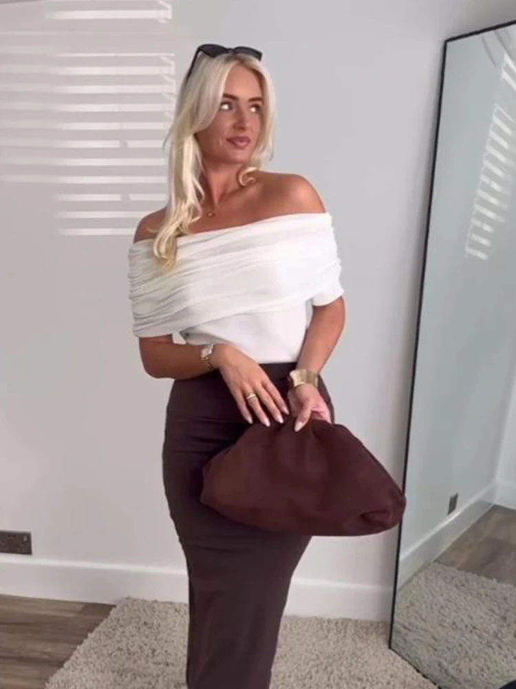 

HH 2025 Female New Fashion White Tops Slash Neck Off-Shoulder Folds Decorate Pullover Women's Summer Chic Slim Knitted Tops