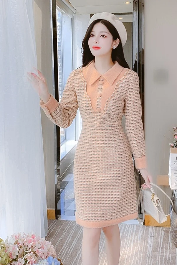 

2025 Autumn Winter Tweed Dress French Style Slim Waist Petite Wool Long Sleeve Elegant Lady Casual Daily Wear Female Clothing