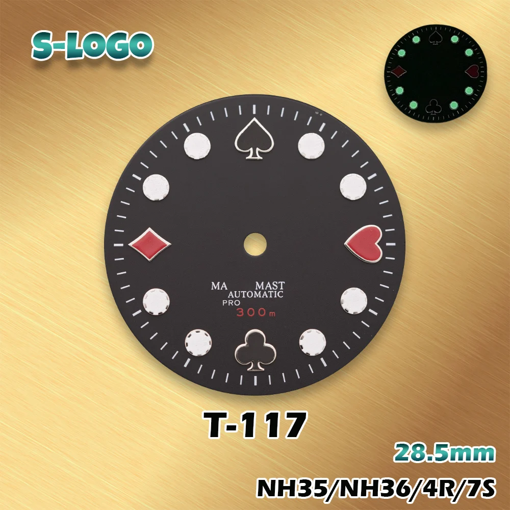 Poker Theme Dial 28.5mm for NH35/NH36/4R/7S | S Logo & Green Luminous | High Quality Men's Watch Modification Accessories