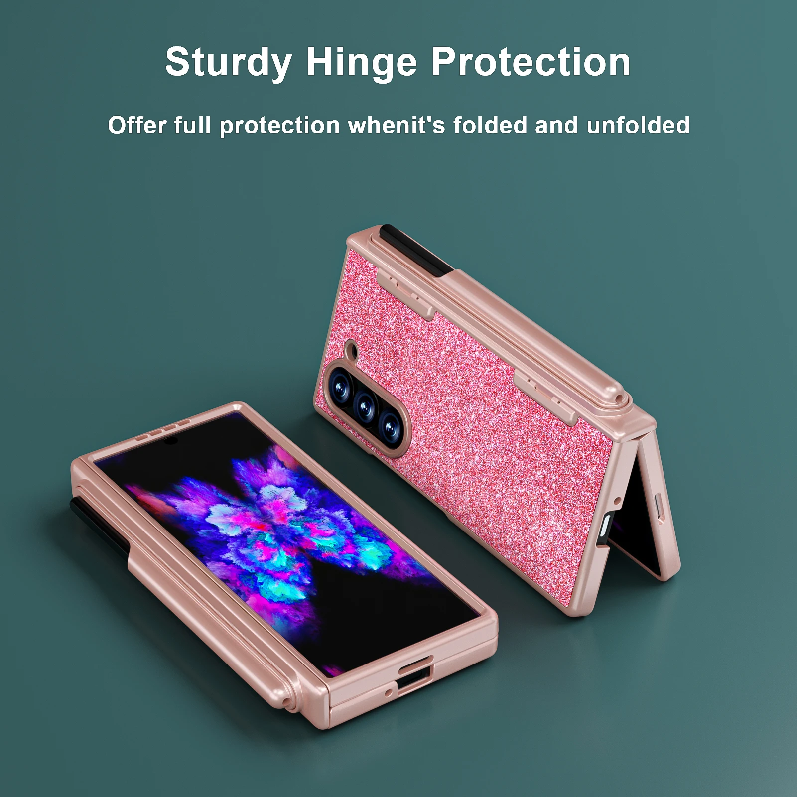 Cute Glitter Powder Pink Leather Hinge Protection Cover for Samsung Galaxy Z Fold 6 Pen Holder Phone Case With Screen Protector