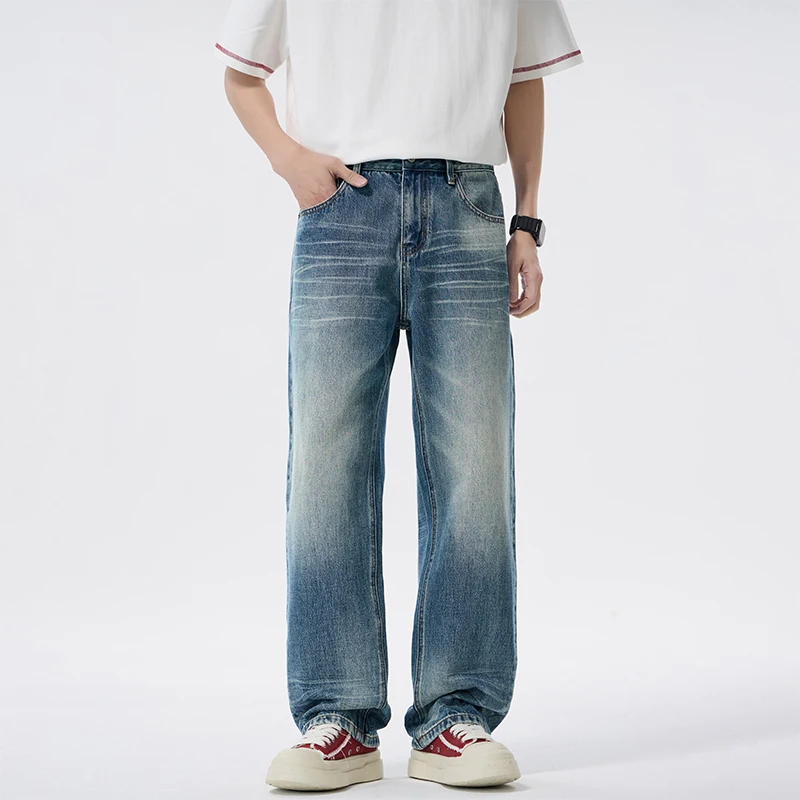 

2026 Spring Autumn Wide-leg Jeans For Men Vintage Whisker Washed Loose Male Denim Pants with Graffiti Back Pocket Design