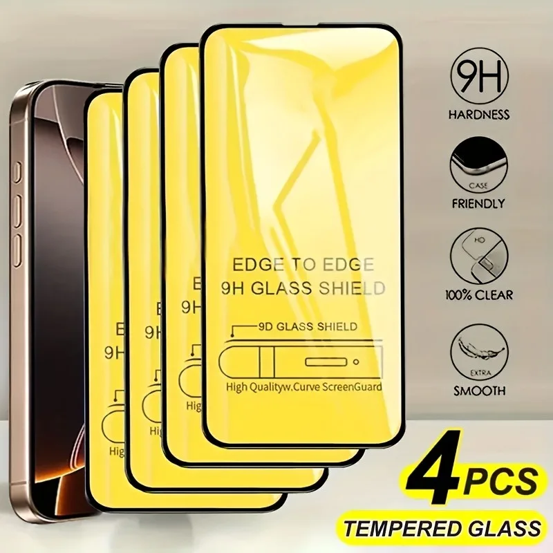 4 Packungen Displayschutzfolie aus gehärtetem Glas für iPhone 16 Pro Max 15 Plus 14 13 12 Mini 11 Pro Max XR XS Max Anti-Fall Einfache Installation