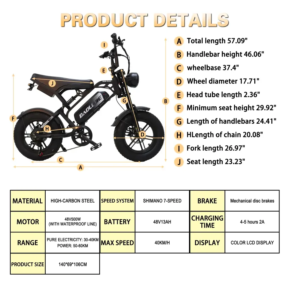 BAOLUJIE F2 bicicleta eléctrica para adultos 500W Motor 48V13AH batería bicicleta eléctrica freno hidráulico 16 "* 4" neumático ancho E-bike UL2849