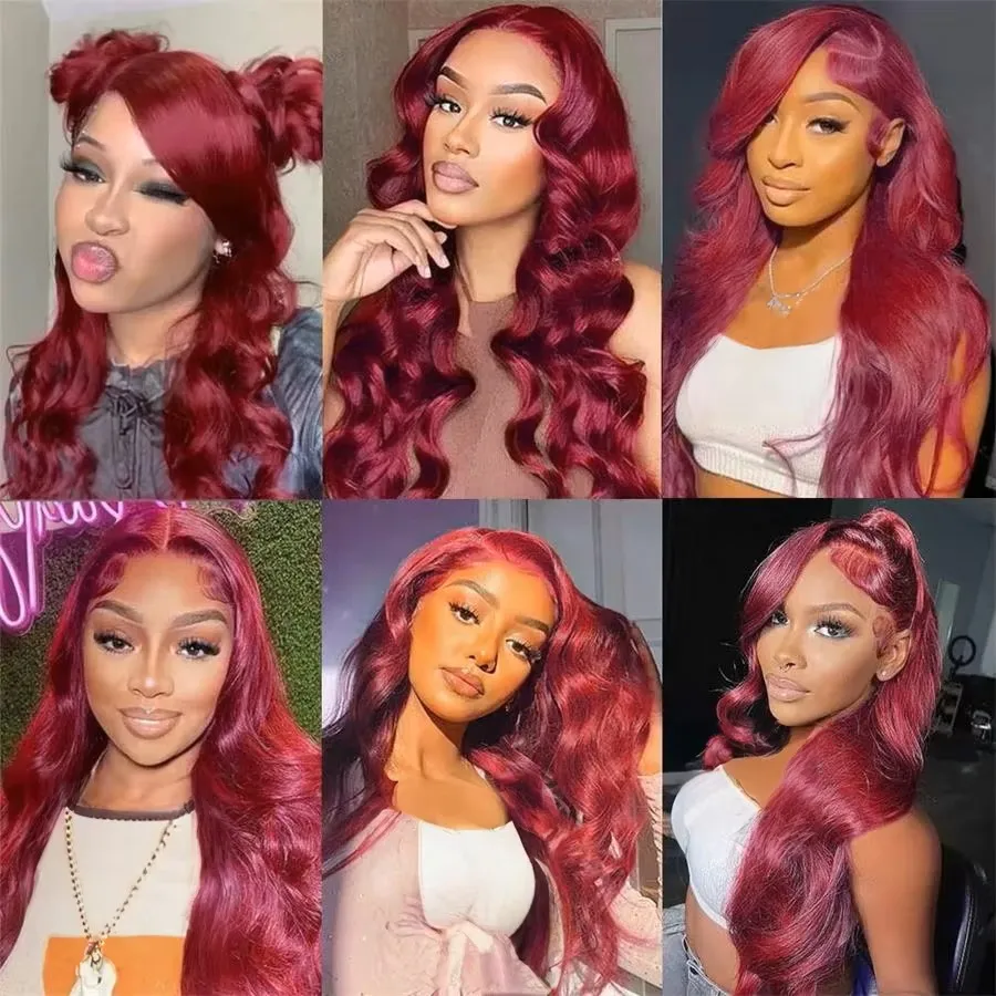 Perruque Lace Front Body Wave Brésilienne Naturelle, Cheveux Humains, Couleur Rouge Bordeaux 99J, 13x6, 13x4, HD, Transparent, pour Femme