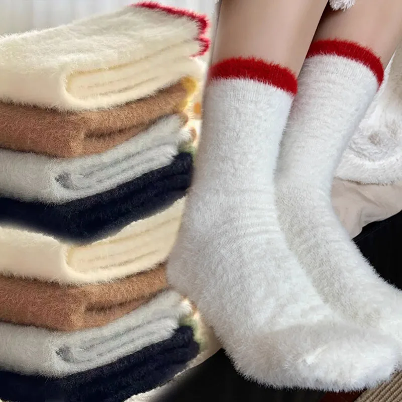 

Женские норковые флисовые носки, мягкие однотонные зимние теплые утолщенные коралловые плюшевые средние носки-трубы, термоснежные домашние носки для сна