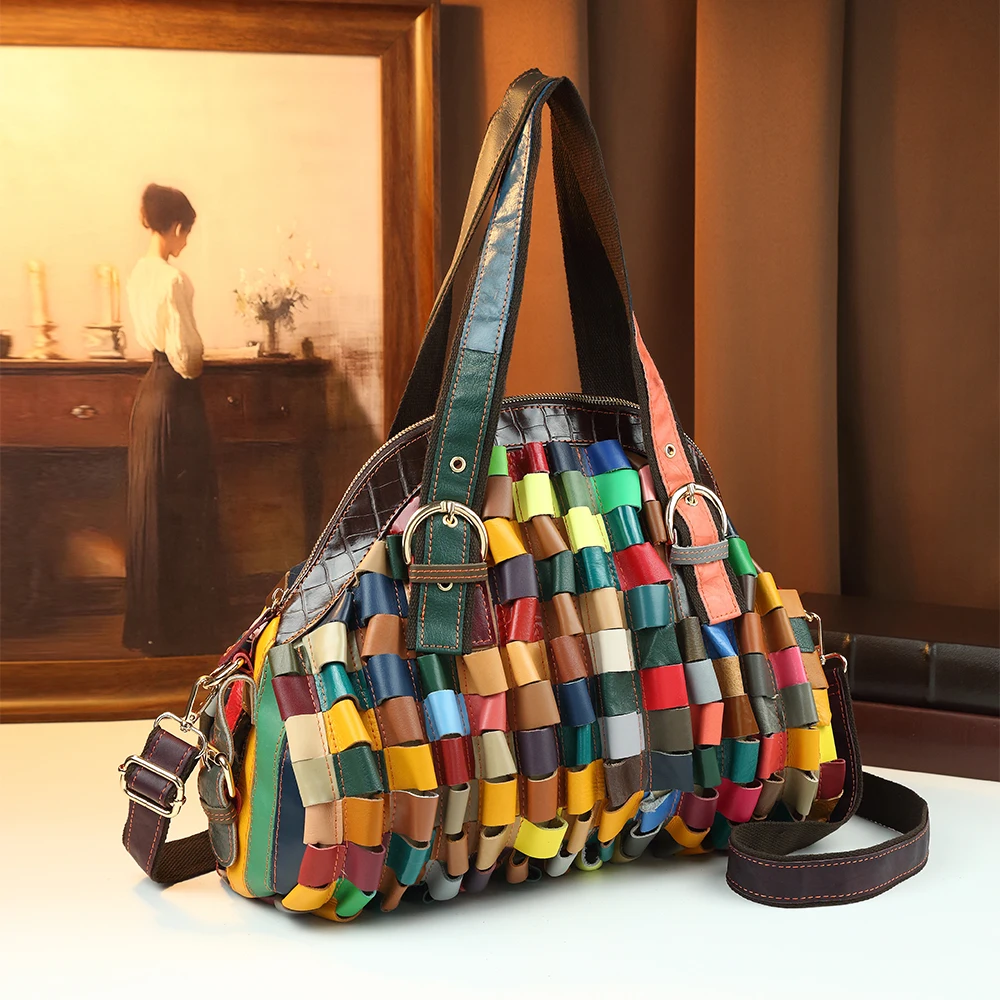 

Boho Colorful Rainbow Woven Shoulder Bag, Vintage Multi-color Patchwork Dome Satchel, Crocodile Pattern Trim Handbag Purse