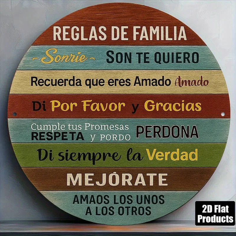 1 Pieza de Letrero de Reglas Familiares en Español - Placa Metálica Redonda Bilingüe (Inglés/Español) de 8 Pulgadas con Frases en Español: "Habla Padre/Amigo"