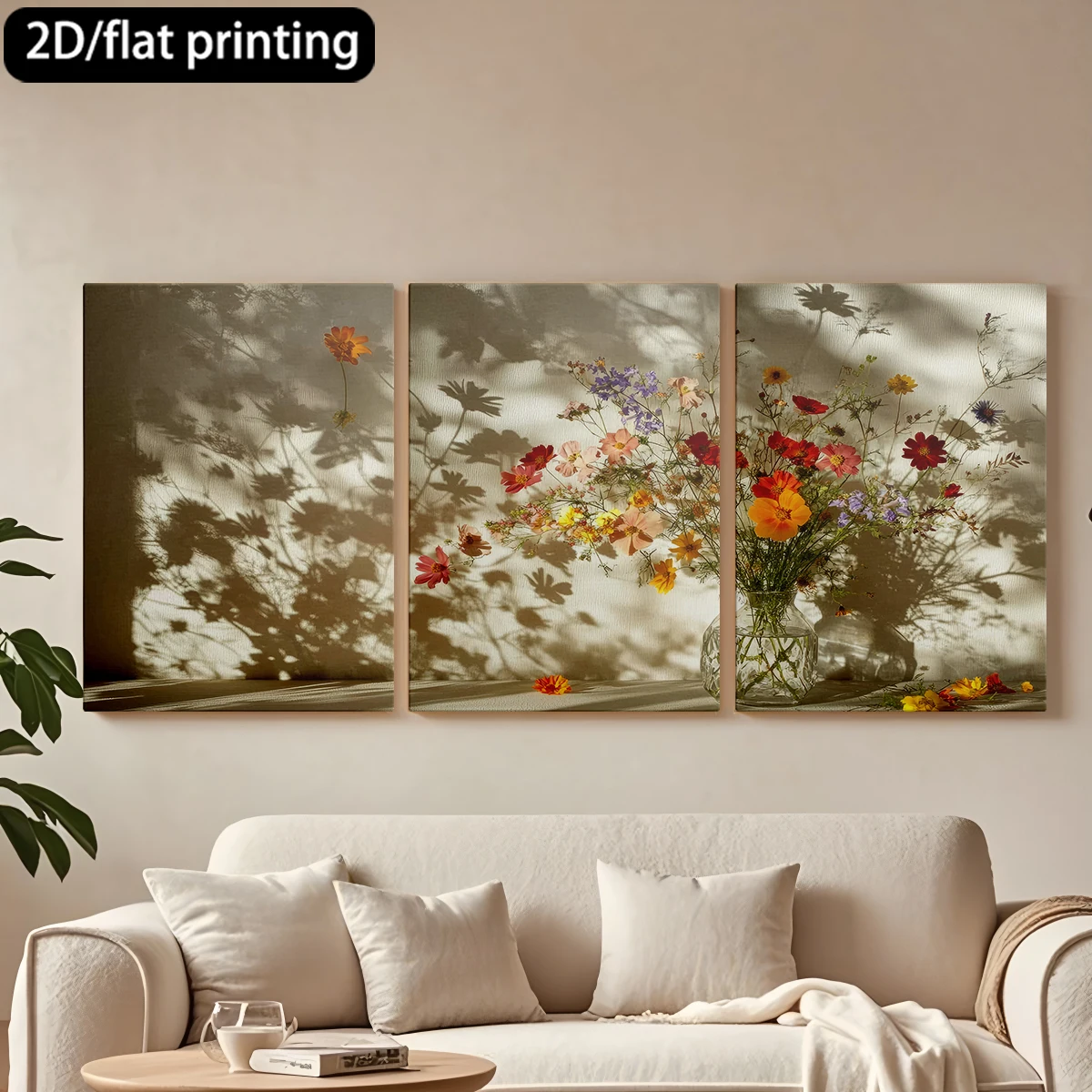 

Набор из 3 картин на холсте в деревянных рамах: букет полевых цветов, стеклянная ваза, тени. Декор для коридора и спальни.